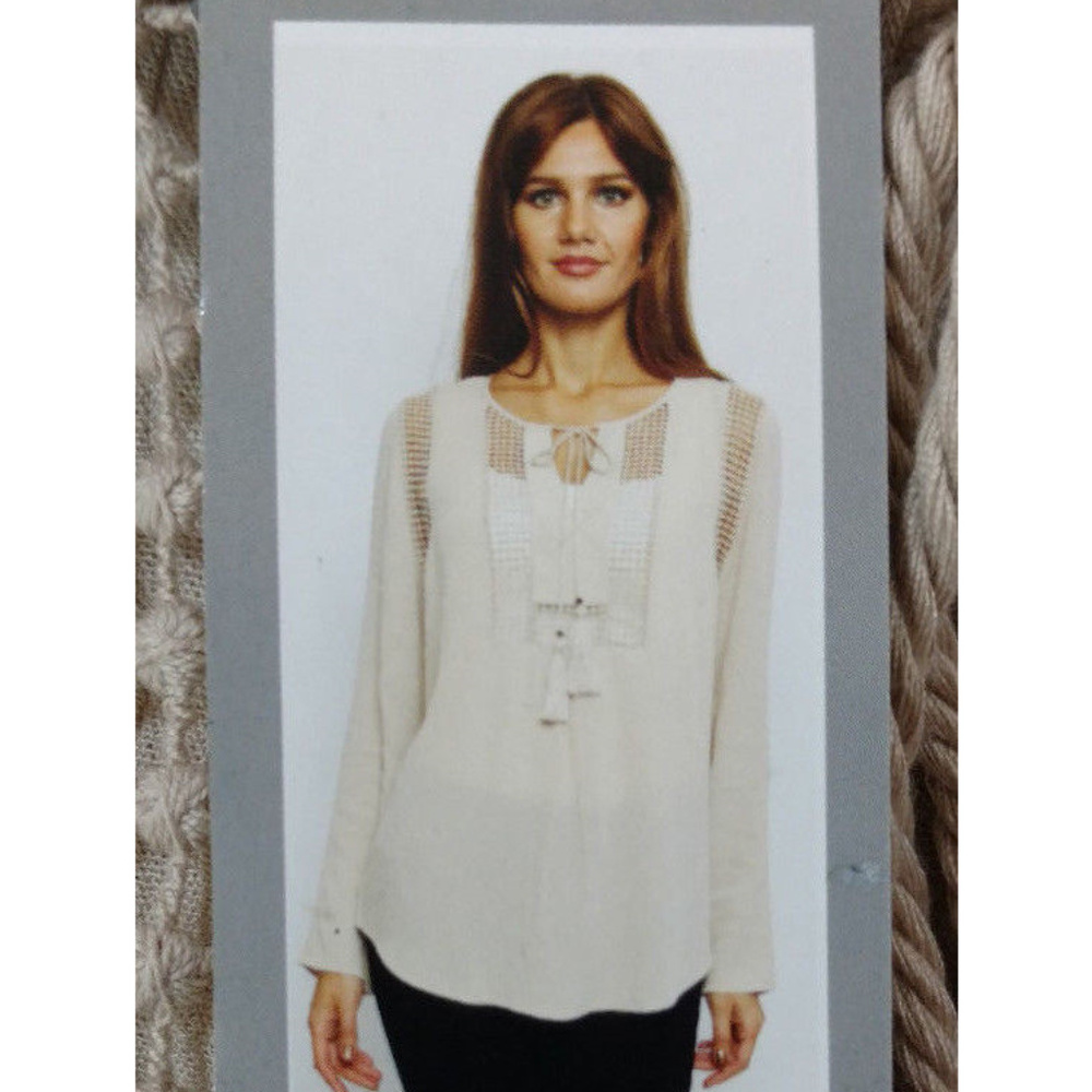 Womens Blouse Top L Beige Boho Gypsy Tassel Lace